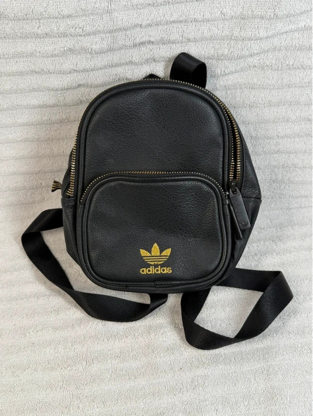 Adidas Small Black Faux Leather Mini Backpack with Yellow Logo